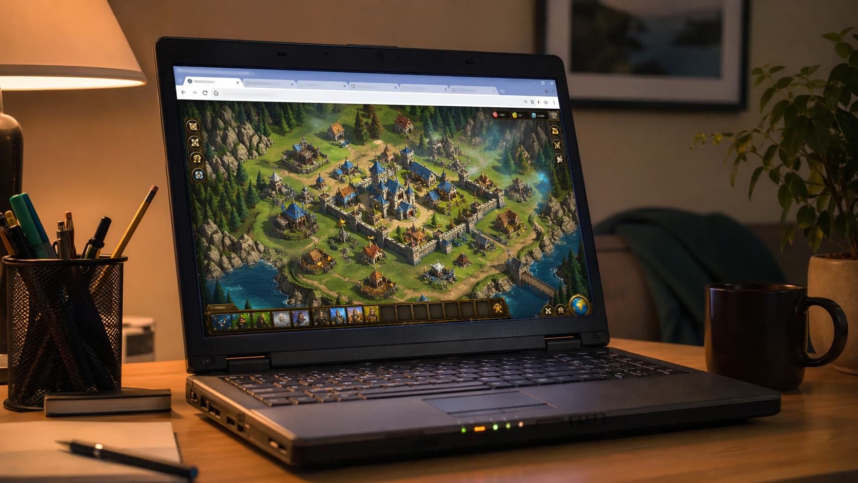 Старый ноутбук с запущенной браузерной игрой без установки