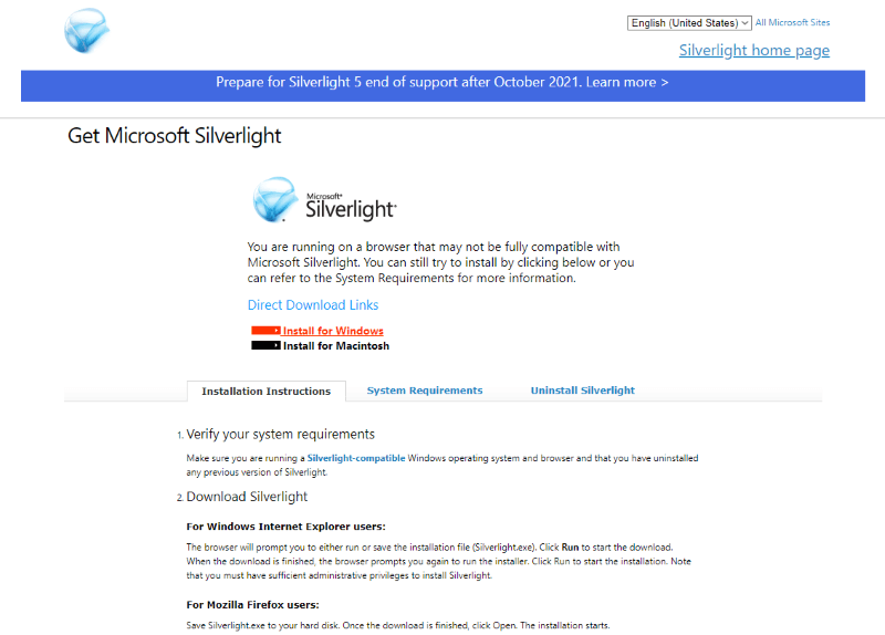 Установка Microsoft Silverlight